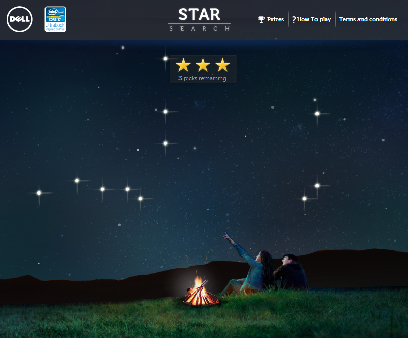Página da campanha Dell Star Search, com um céu estrelado e avaliação por estrelas.